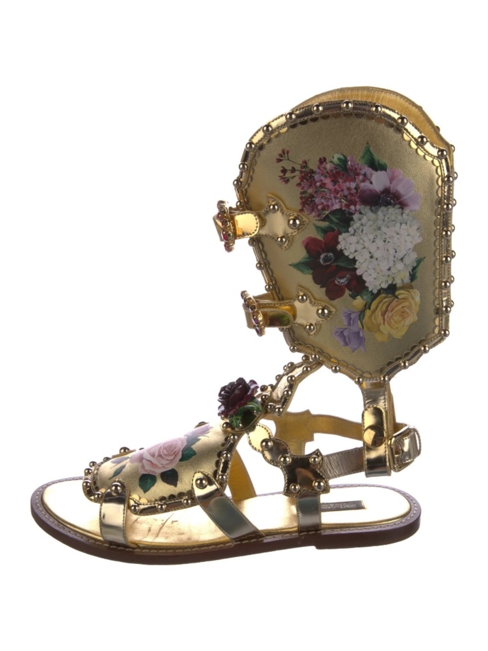 Dolce & Gabbana Leather Gladiator Sandals Gold & Metallic Floral Print